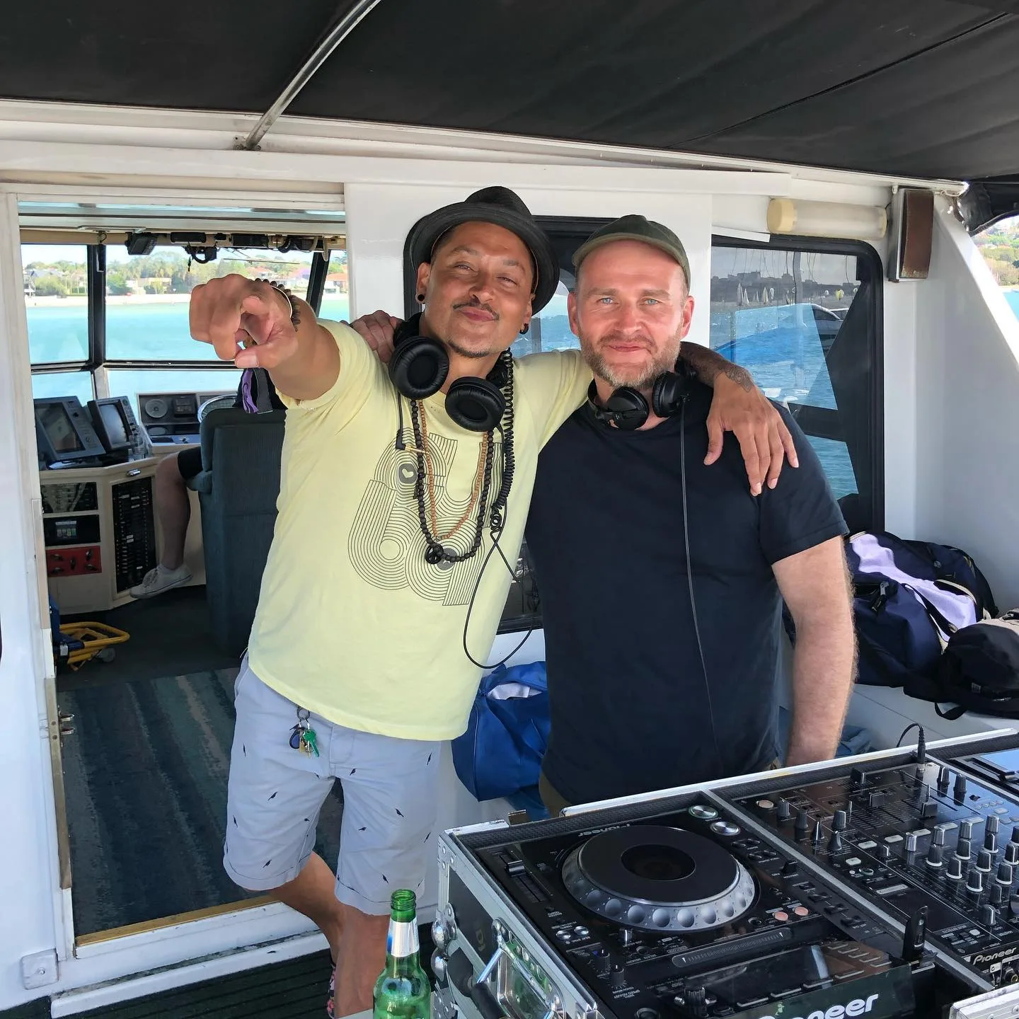 DJ CMAN and DJ Edseven aboard the boat at Yacht Club Social, Sydney
