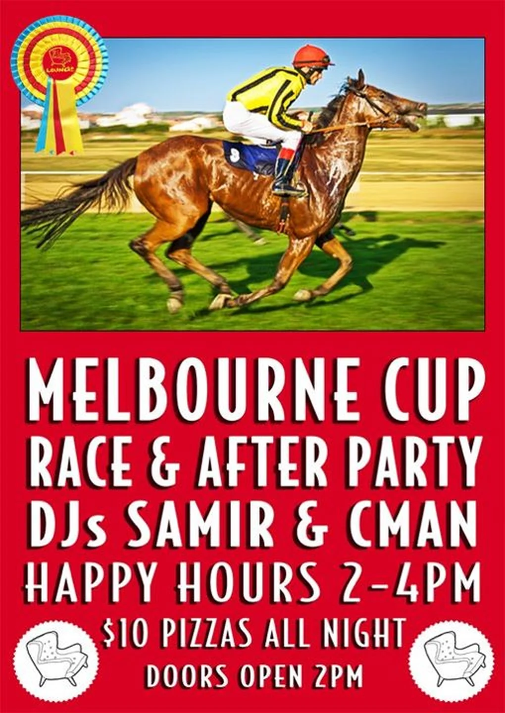 Cafe Lounge flyer for the Melbourne Cup Race and After Party, Tuesday 1 November 2011, DJs Samir and DJ CMAN, a jockey in yellow riding a chestnut horse on a red rockabilly-style poster with armchair logos