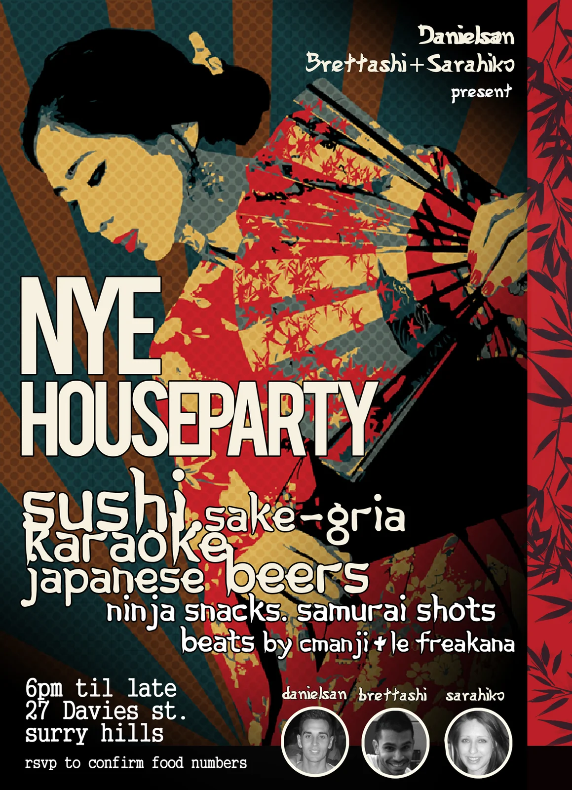 NYE Houseparty flyer for Surry Hills, Saturday 31 December 2011, beats by DJ CMAN and Le Freakana, a retro red, teal and gold geisha holding a fan with three host portraits along the bottom