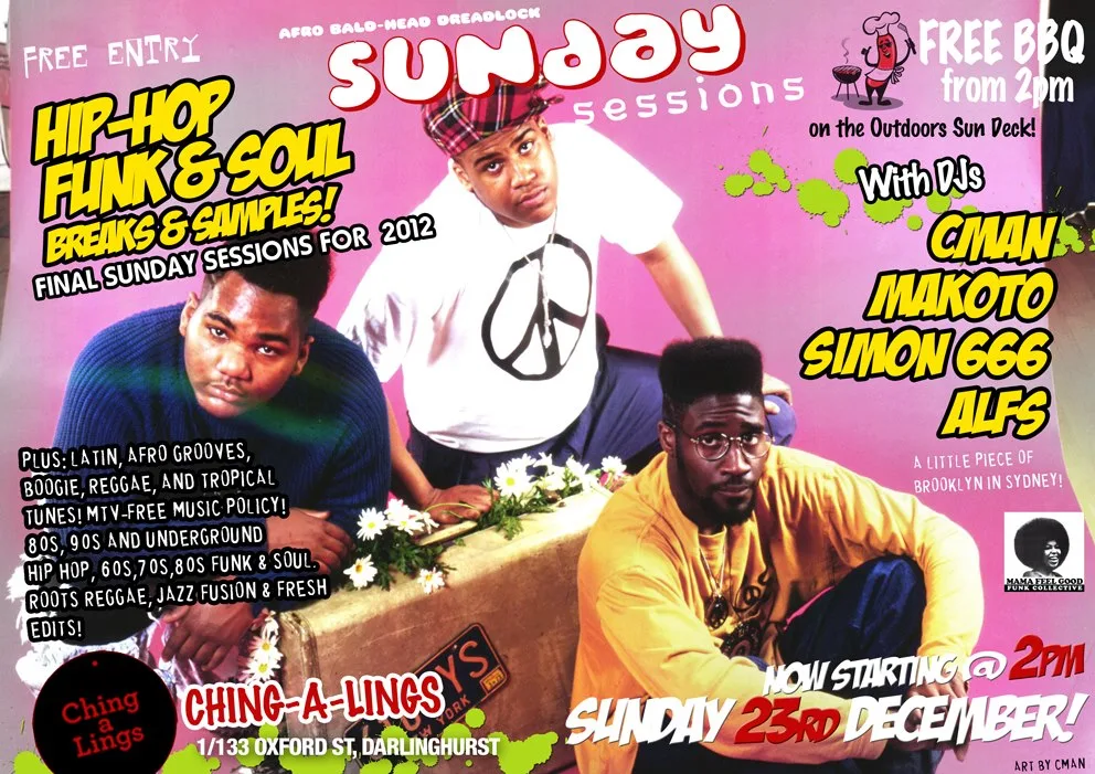 Sunday Sessions flyer for 22 December at Ching-a-Lings, the last of 2012, with CMAN, Makoto, Simon 666 and Alfs