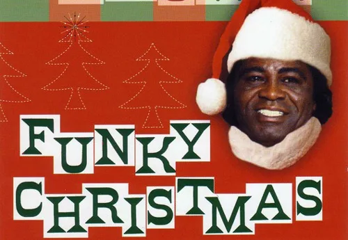 Funky Christmas artwork, a soul singer in a Santa hat against a red background