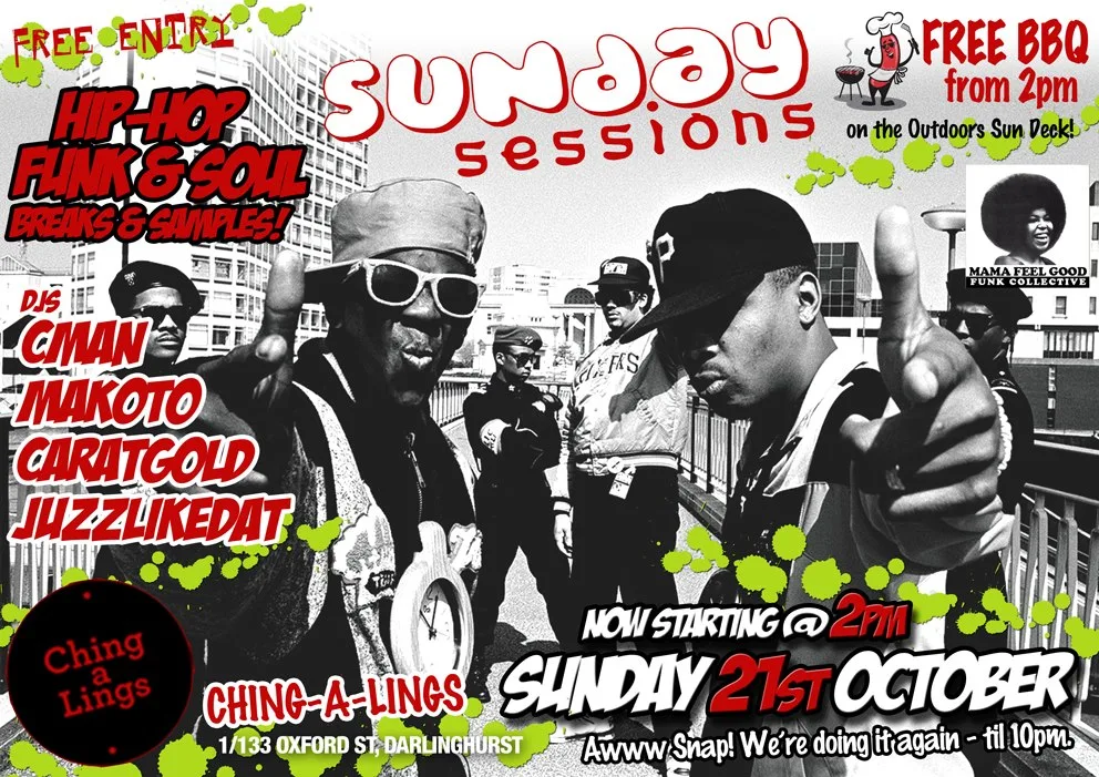 Sunday Sessions flyer for 21 October at Ching-a-Lings with the Mama Feel-Good DJs CMAN, Makoto, Caratgold and JuzzLikeDat from 2pm