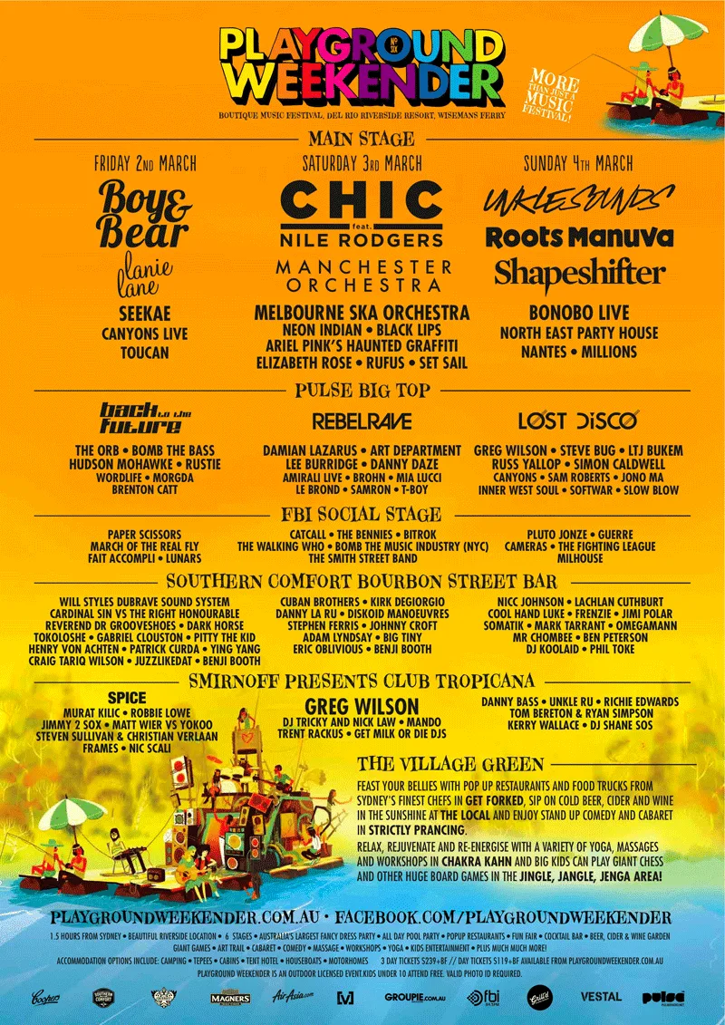 Playground Weekender 2012 day-by-day line-up poster listing Chic, Roots Manuva, Boy and Bear and the rest of the bill