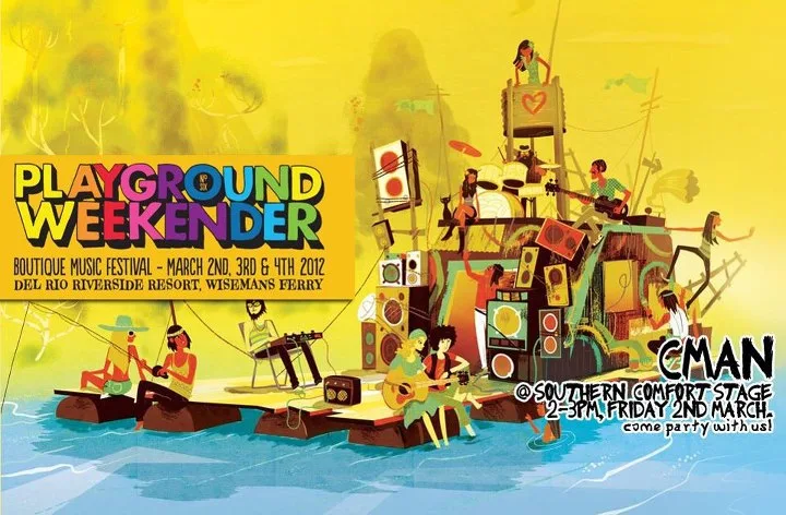 Playground Weekender 2012 festival poster with the riverside stage artwork and full weekend line-up