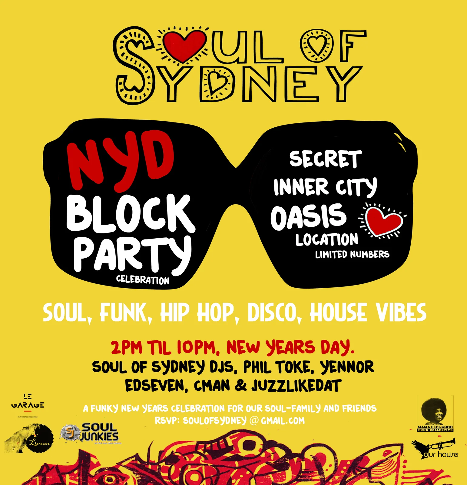 Revised flyer for the Soul of Sydney New Year's Day Block Party, Tuesday 1 January 2013 at a secret inner city oasis location, DJs Phil Toke, Yennor, EdSeven, CMAN, JuzzLikeDat, yellow poster with block-party type inside a pair of oversized black sunglasses, this version billing Yennor in place of Ronnie Farrah