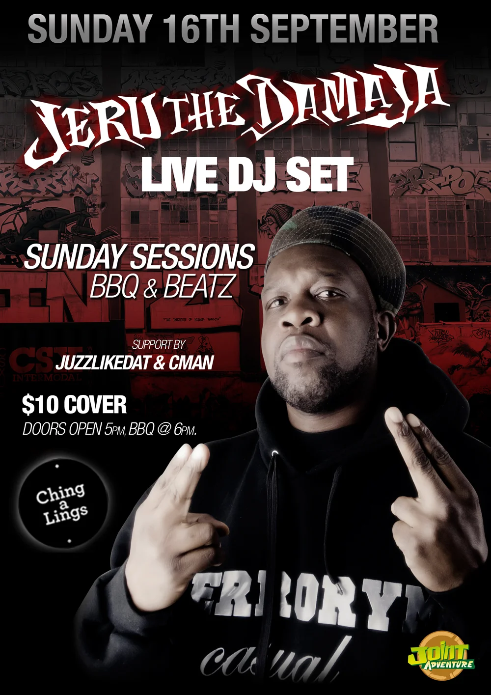 Ching-a-Lings flyer for Sunday Sessions BBQ & Beatz at Ching-a-Lings, Darlinghurst, Sunday 16 September 2012, Jeru the Damaja live DJ set supported by JuzzLikeDat and DJ CMAN, Jeru pointing both index fingers at the camera against a red graffiti wall.