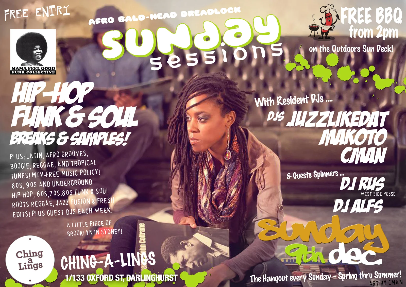 Sunday Sessions flyer for Sunday 9 December 2012 at Ching-a-Lings, Darlinghurst, DJs JuzzLikeDat, Makoto and CMAN with guest spinners Rus and Alfs, a woman holding a John Coltrane record in front of a leather couch