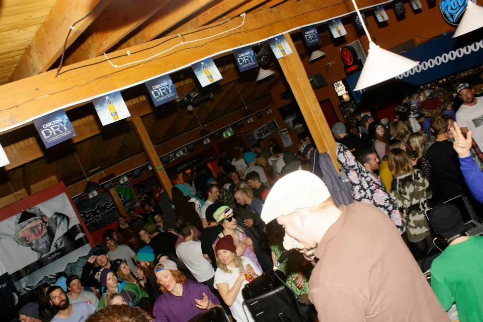A wide view of the packed room at the Fyve Funk Fire Snow Jam