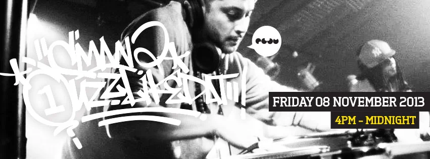 Facebook banner for DJs CMAN and JuzzLikeDat at Play Bar, Surry Hills on Friday 8 November 2013, graffiti CMAN and JuzzLikeDat wordmark over a black and white photo of CMAN at the decks, 4pm to midnight