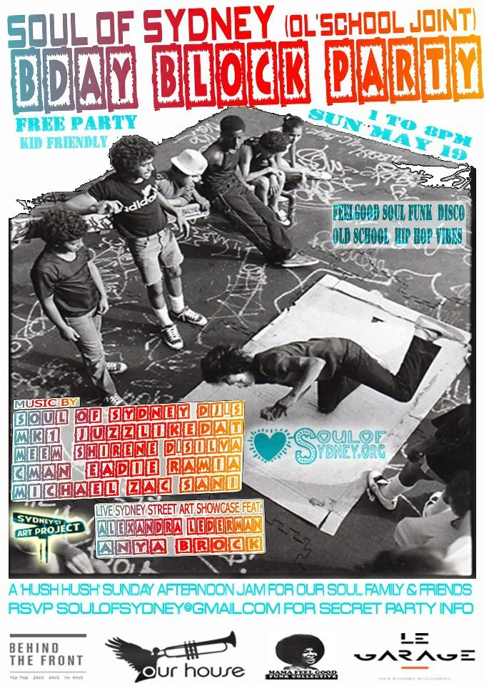 Soul of Sydney block party flyer for Sunday 19 May, an old school joint at a secret location, soul, funk, disco, boogie and hip hop