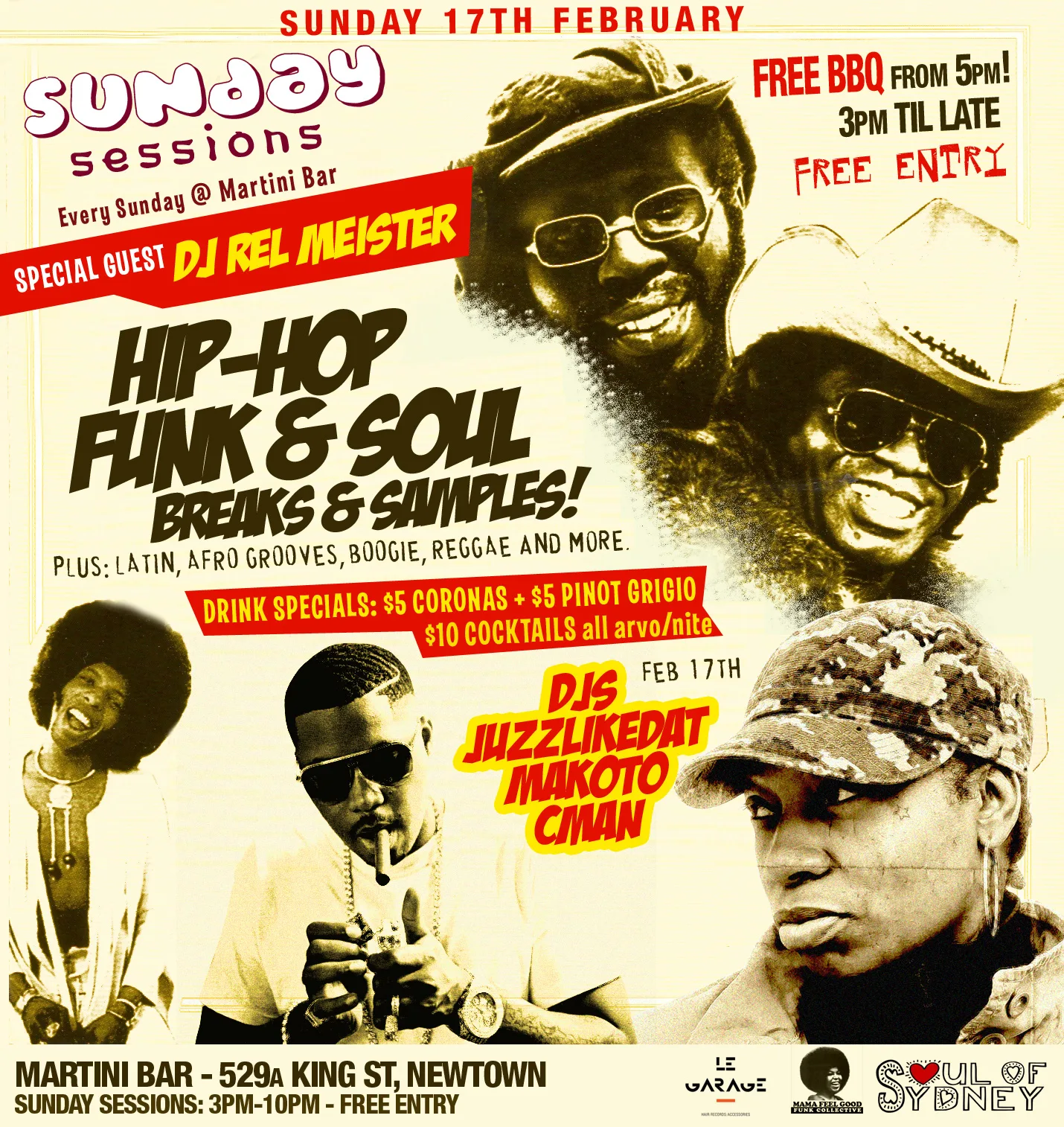 Sunday Sessions flyer for 17 February at Martini Bar with special guest DJ Rel Meister joining JuzzLikeDat, Makoto and CMAN
