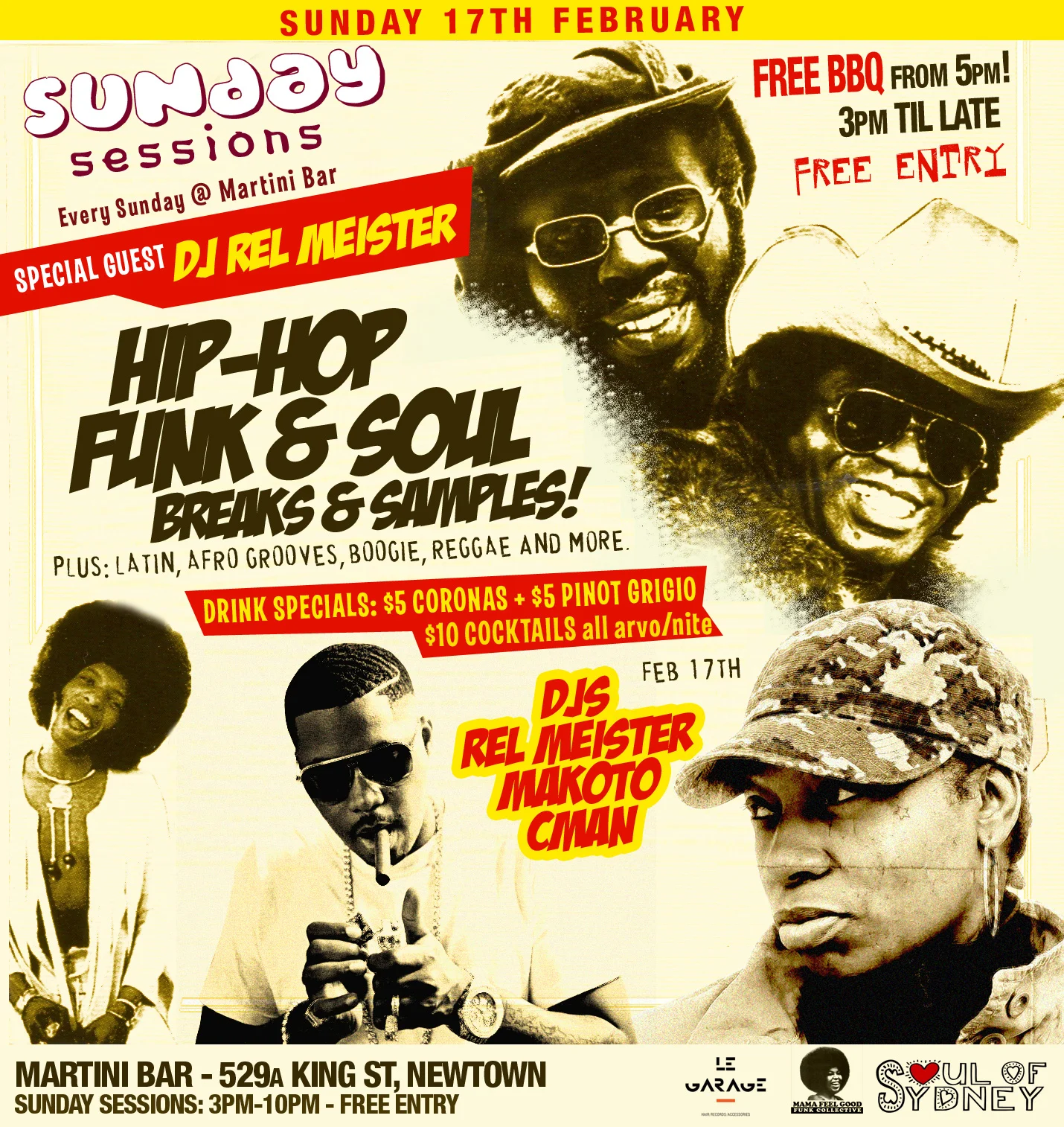 Sunday Sessions flyer variant for Sunday 17 February 2013 at Martini Bar, 529a King St Newtown, DJs Rel Meister, Makoto and CMAN, sepia collage of soul artists with a yellow top bar.