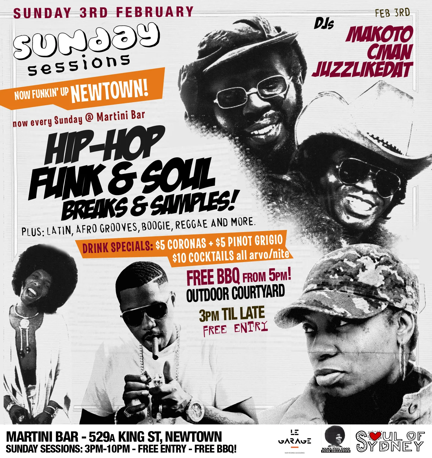 Sunday Sessions flyer for 3 February at Martini Bar, Newtown, hip hop, funk and soul with Makoto, CMAN and JuzzLikeDat