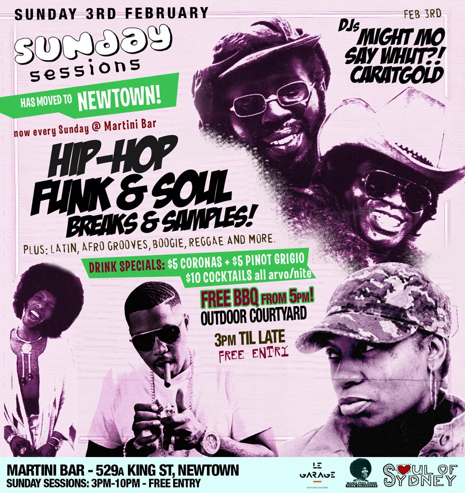 Sunday Sessions flyer for Sunday 3 February 2013 at Martini Bar, Newtown, DJs Might Mo, Say Whut?! and Caratgold, pink-toned collage of funk and hip hop artists with drink specials and free BBQ details