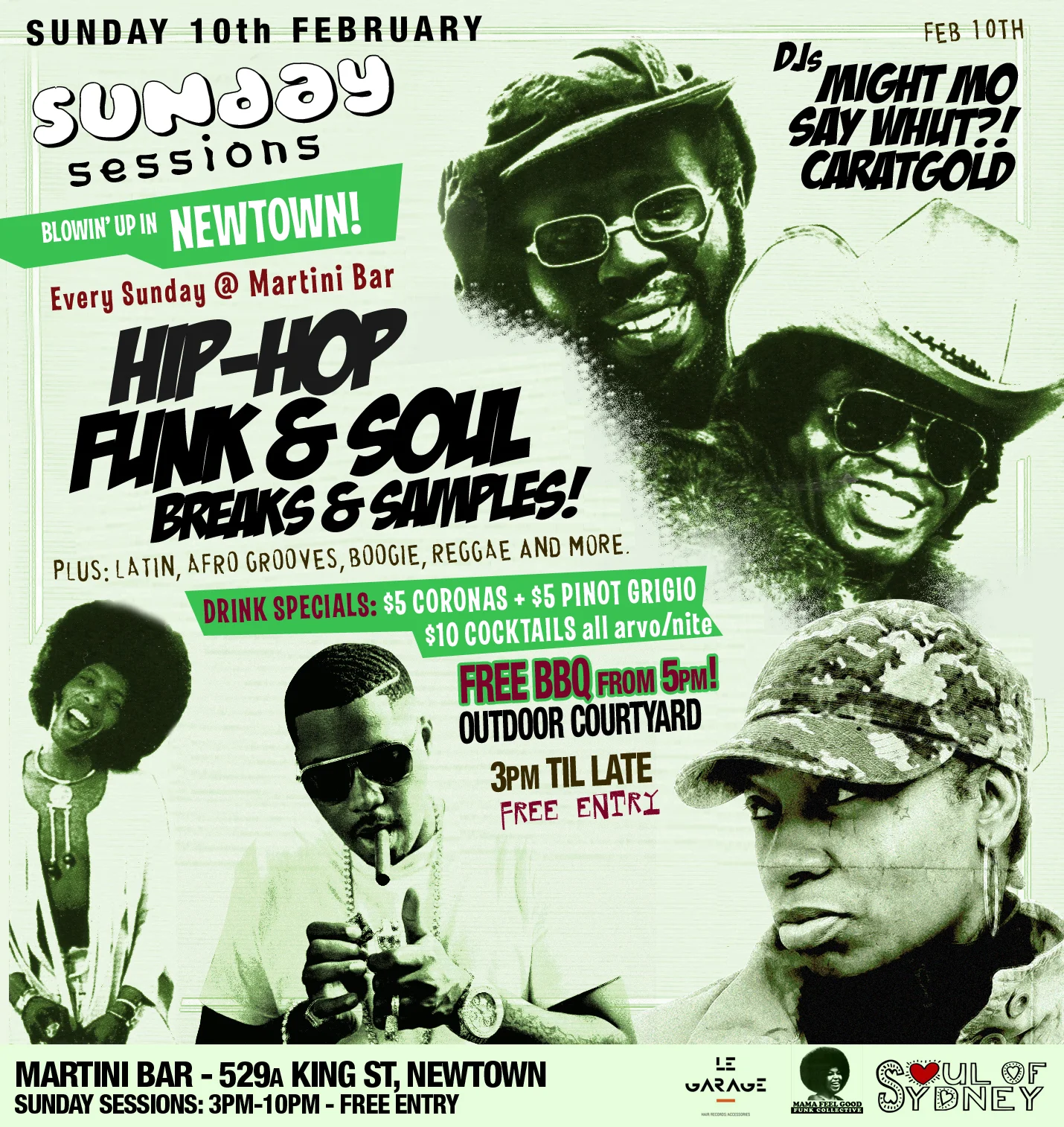 Sunday Sessions flyer at Martini Bar, Newtown, Sunday 10 February 2013, DJs Mighty Mo, Say Whut?! and Caratgold, pale green collage of funk and hip-hop artists with a Blowin' Up In Newtown banner.