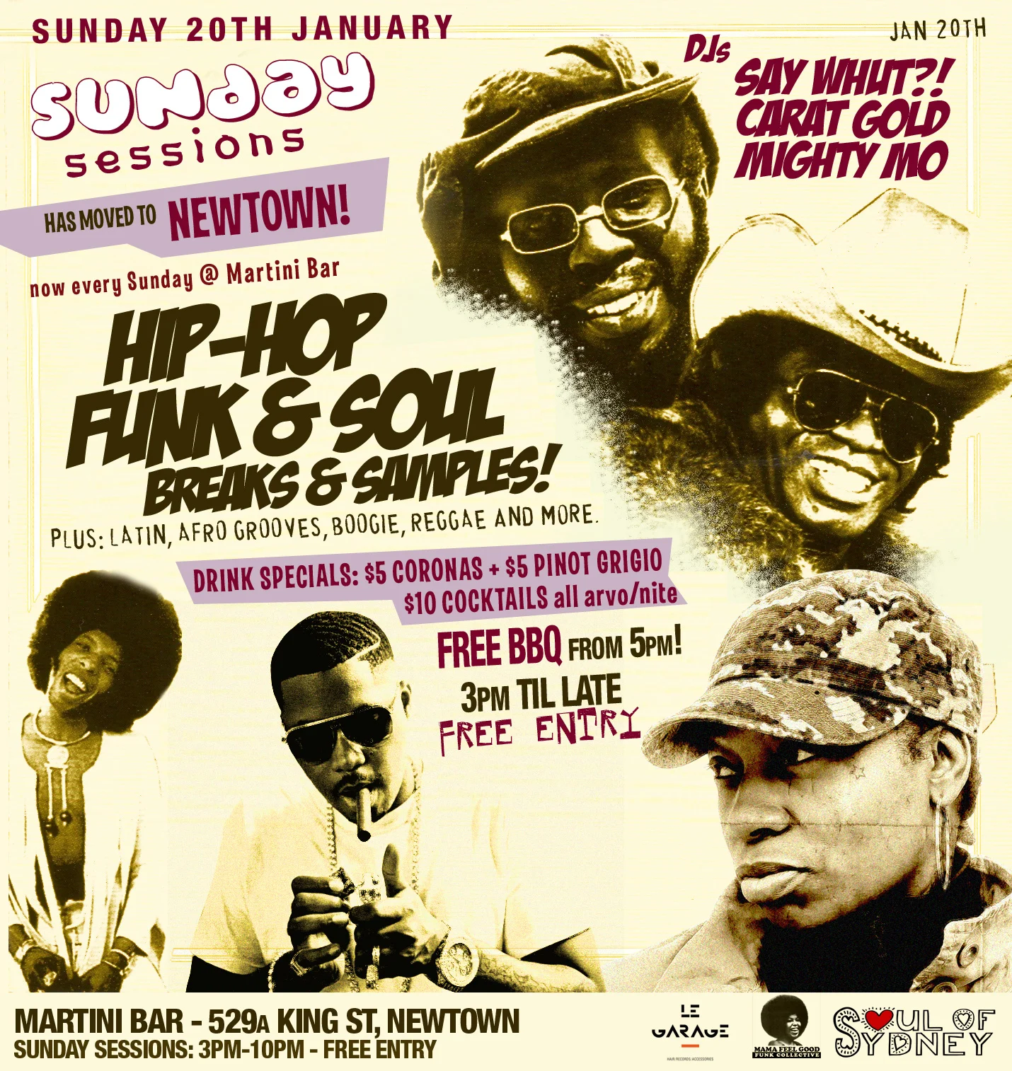 Sunday Sessions flyer at Martini Bar, Newtown, Sunday 20 January 2013, DJs Say Whut?!, Carat Gold and Mighty Mo, sepia collage of funk and hip-hop artists with a Sunday Sessions has moved to Newtown banner.