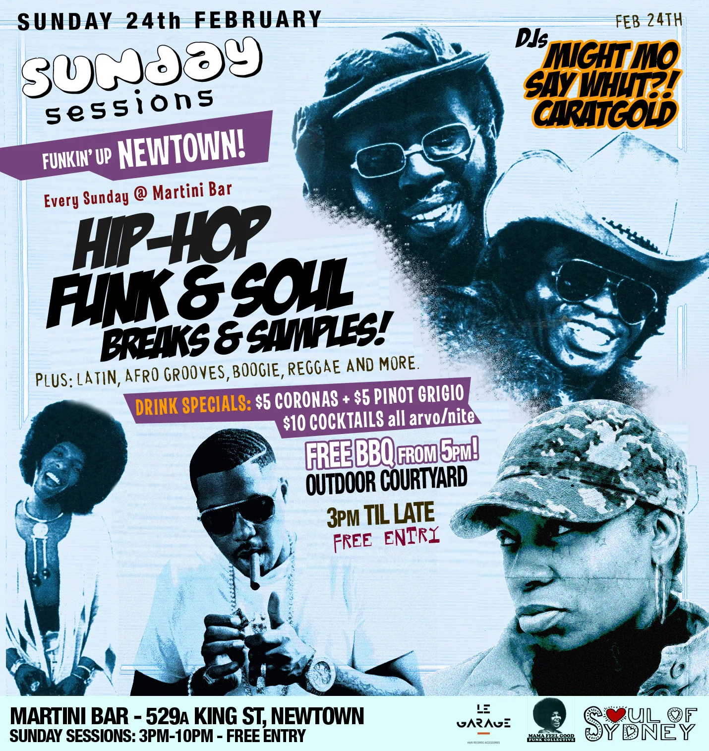 Sunday Sessions flyer at Martini Bar, Newtown, Sunday 24 February 2013, DJs Mighty Mo, Say Whut?! and Caratgold, ice-blue collage of funk and hip-hop artists with a Funkin' Up Newtown banner.