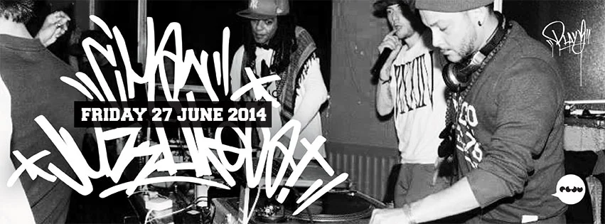Wide Facebook banner for CMAN and JuzzLikeDat at Play Bar, Surry Hills, Friday 27 June 2014, graffiti wordmarks and date panel over a black and white DJ booth photo.