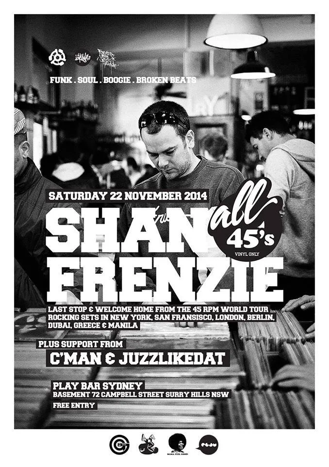 Play Bar Surry Hills flyer for Shan Frenzie playing all 45s on Saturday 22 November 2014, funk, soul, boogie and broken beats, with support from CMAN and Juzzlikedat
