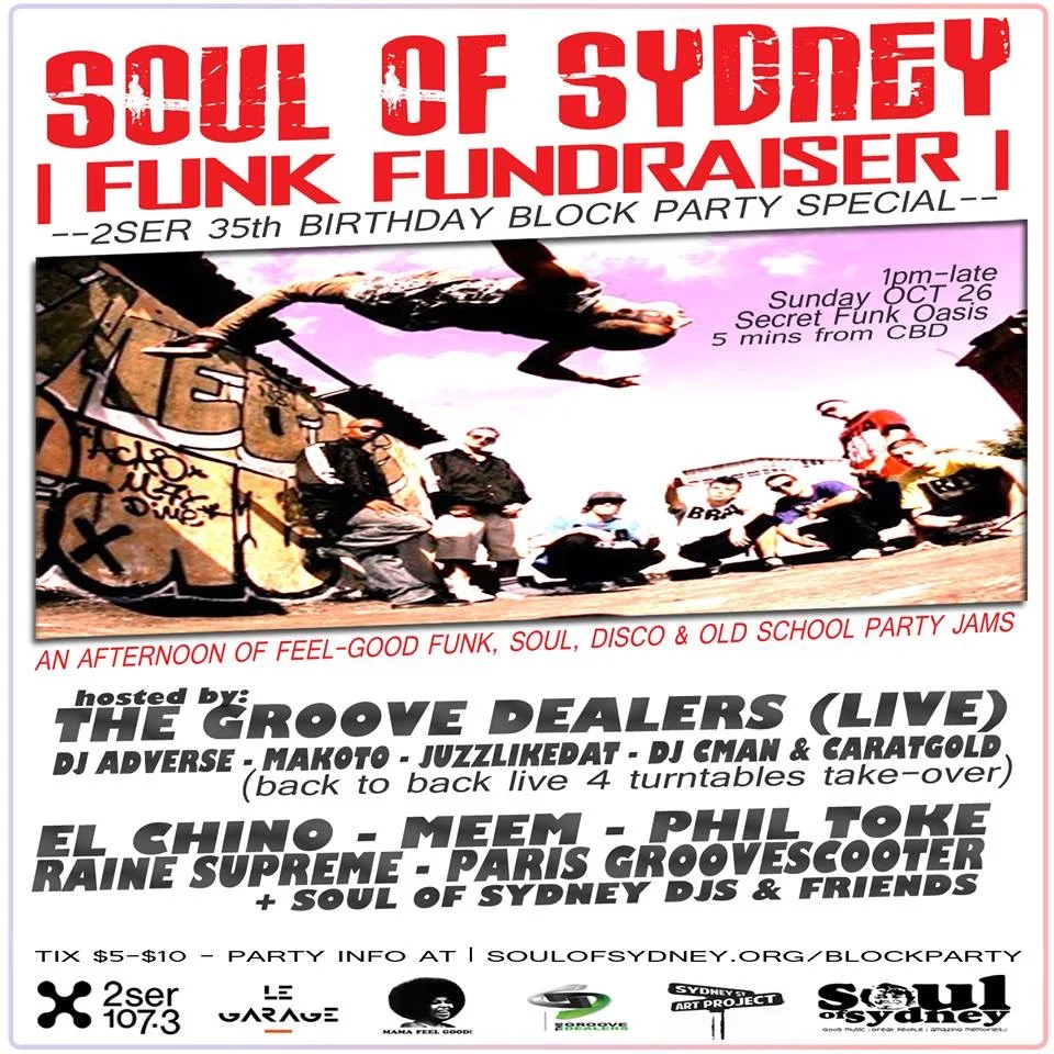 Soul of Sydney Funk Fundraiser flyer for the 2SER 35th birthday block party special on Sunday 26 October