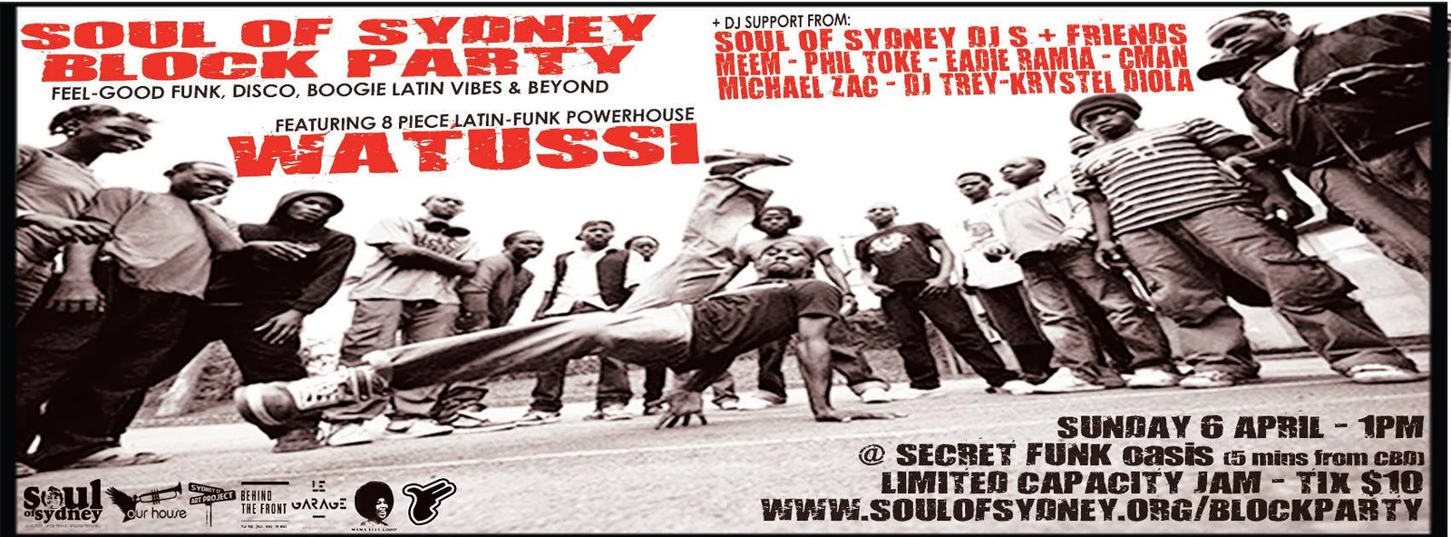 Wide Facebook cover banner for the Soul of Sydney Block Party featuring Watussi, Sunday 6 April 2014 at Secret Funk Oasis, DJs Meem, Phil Toke, Eadie Ramia, CMAN, Michael Zac, Trey, Krystel Diola, red and white type over a black-and-white photo of a b-boy freezing in front of a street crowd