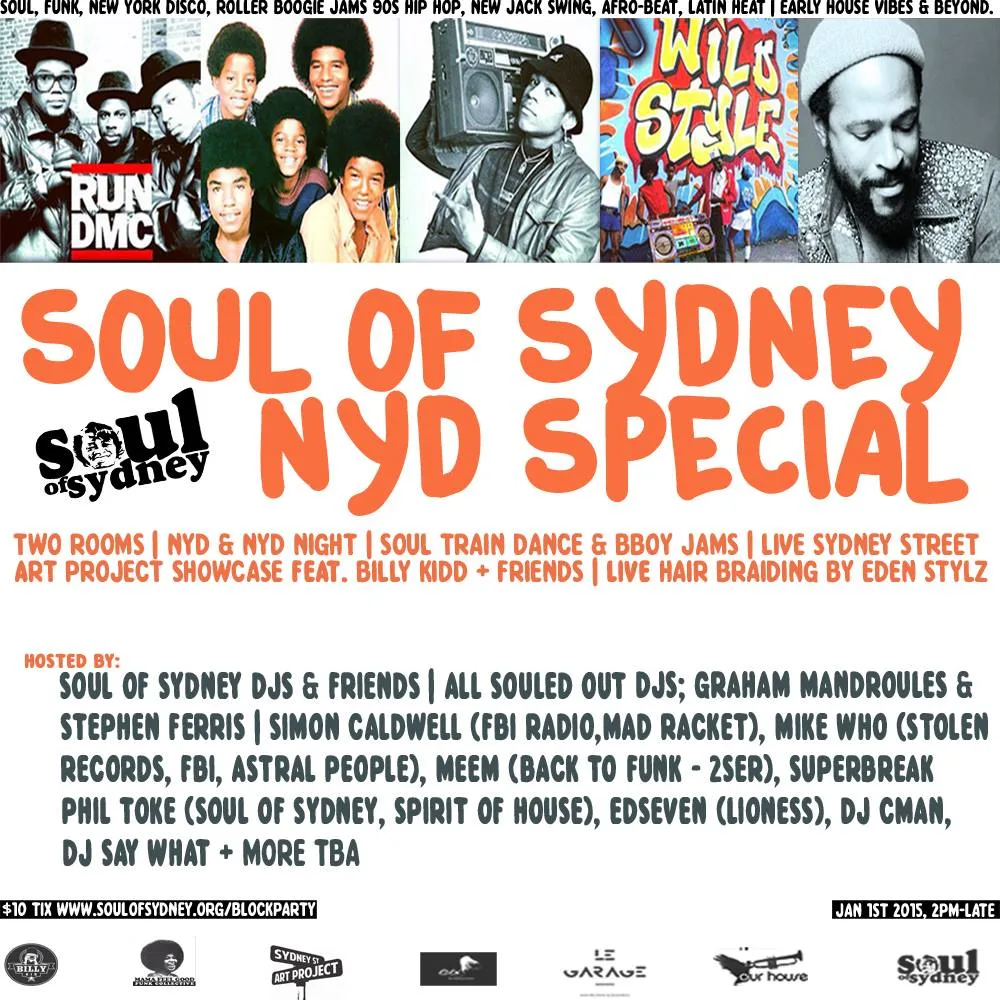 Soul of Sydney New Year's Day special flyer for 1 January 2015, two rooms of soul train dance and boot jams with DJ CMAN on the bill