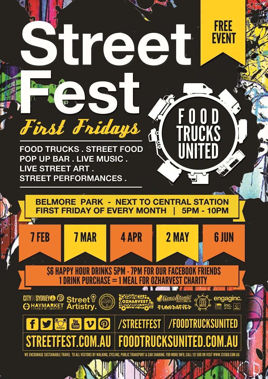 Street Fest First Fridays flyer for Belmore Park, food trucks, street food, live music and street performances