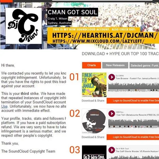 A SoundCloud copyright notice alongside links to the DJ CMAN hearthis page