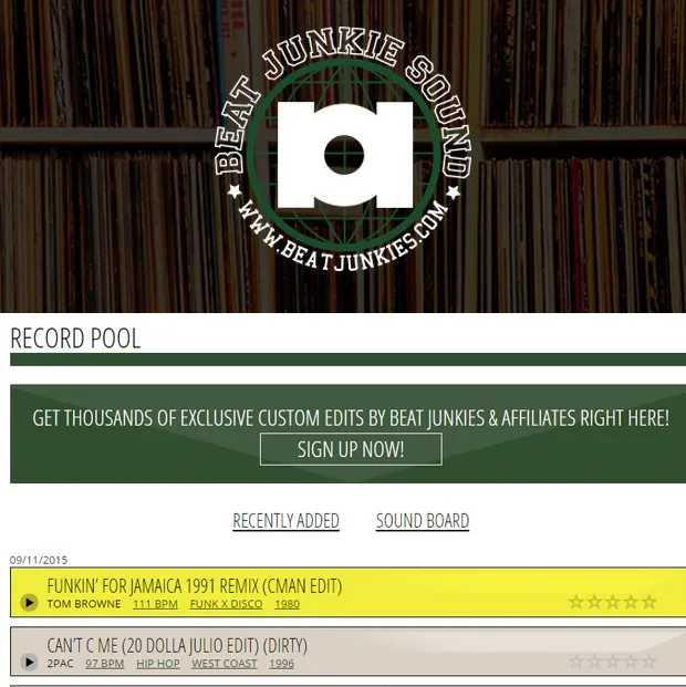 A listing on the Beat Junkie Sound record pool showing a DJ CMAN edit