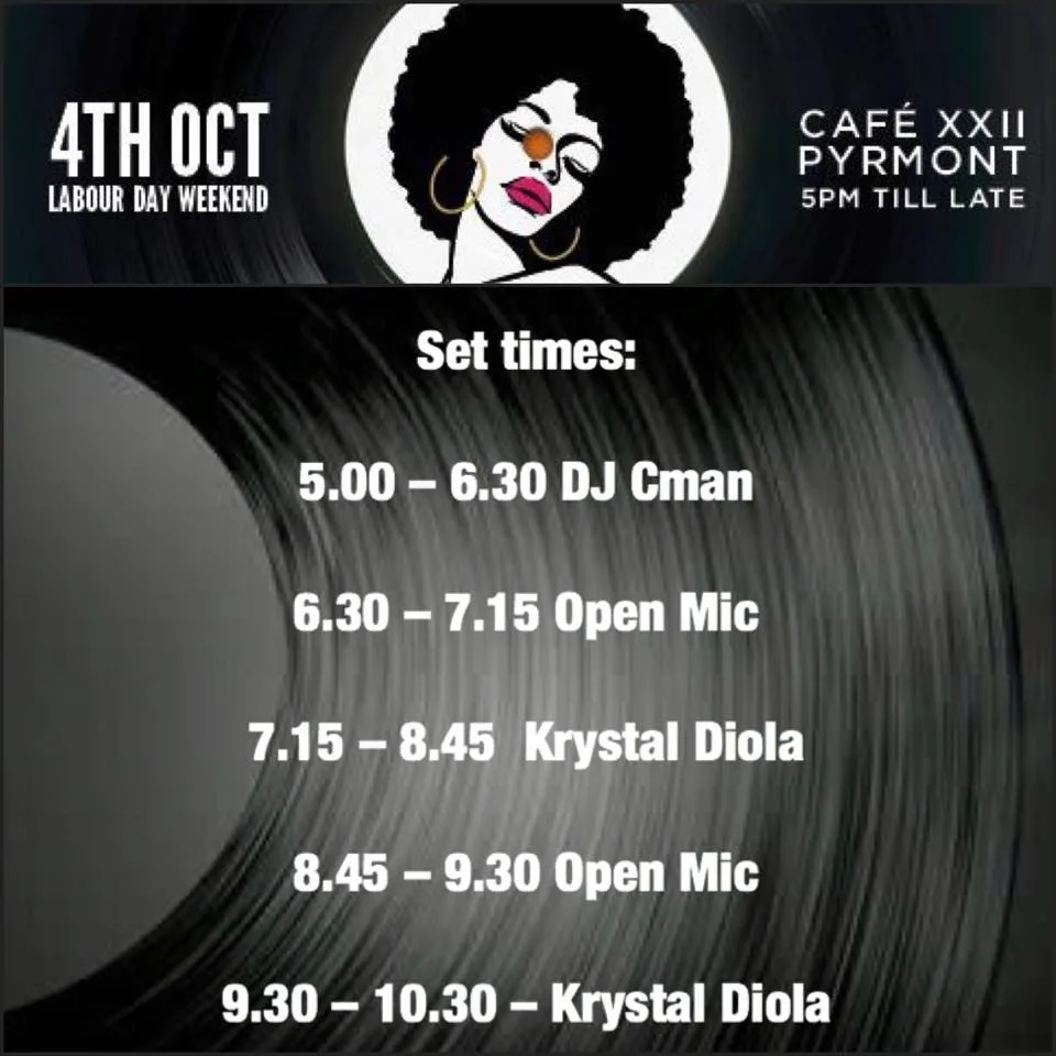 Café XXII Pyrmont set times card for Sunday 4 October with DJ Cman opening from 5pm
