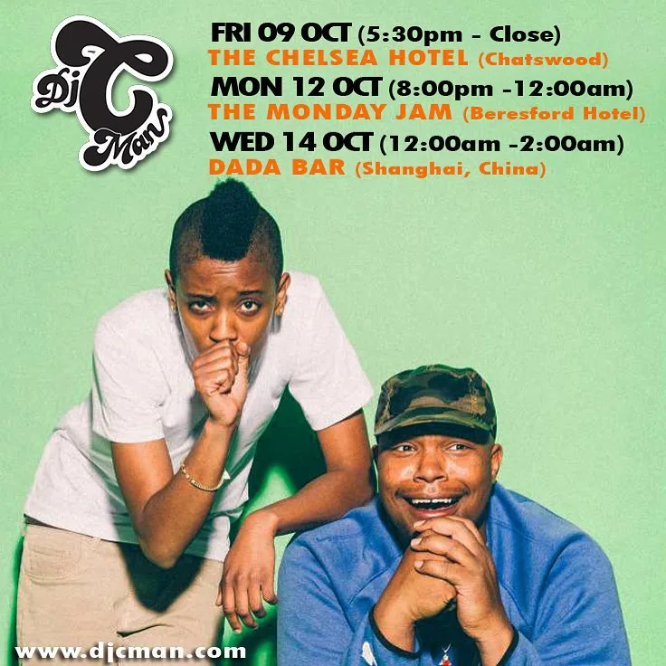 DJ CMAN gig card for the Chelsea Hotel on 9 October, the Monday Jam at the Beresford on 12 October and Dada Bar in Shanghai on 14 October