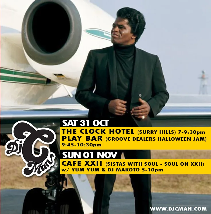 DJ CMAN gig card for Saturday 31 October at the Clock Hotel and the Play Bar Groove Dealers Halloween jam, and Sunday 1 November at Café XXII