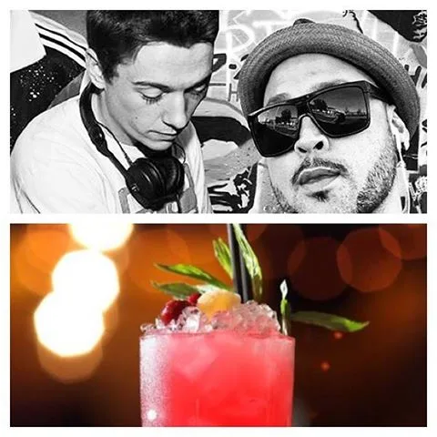 DJ CMAN in a straw hat beside Louie Headnod, above a photo of a red cocktail from the bar