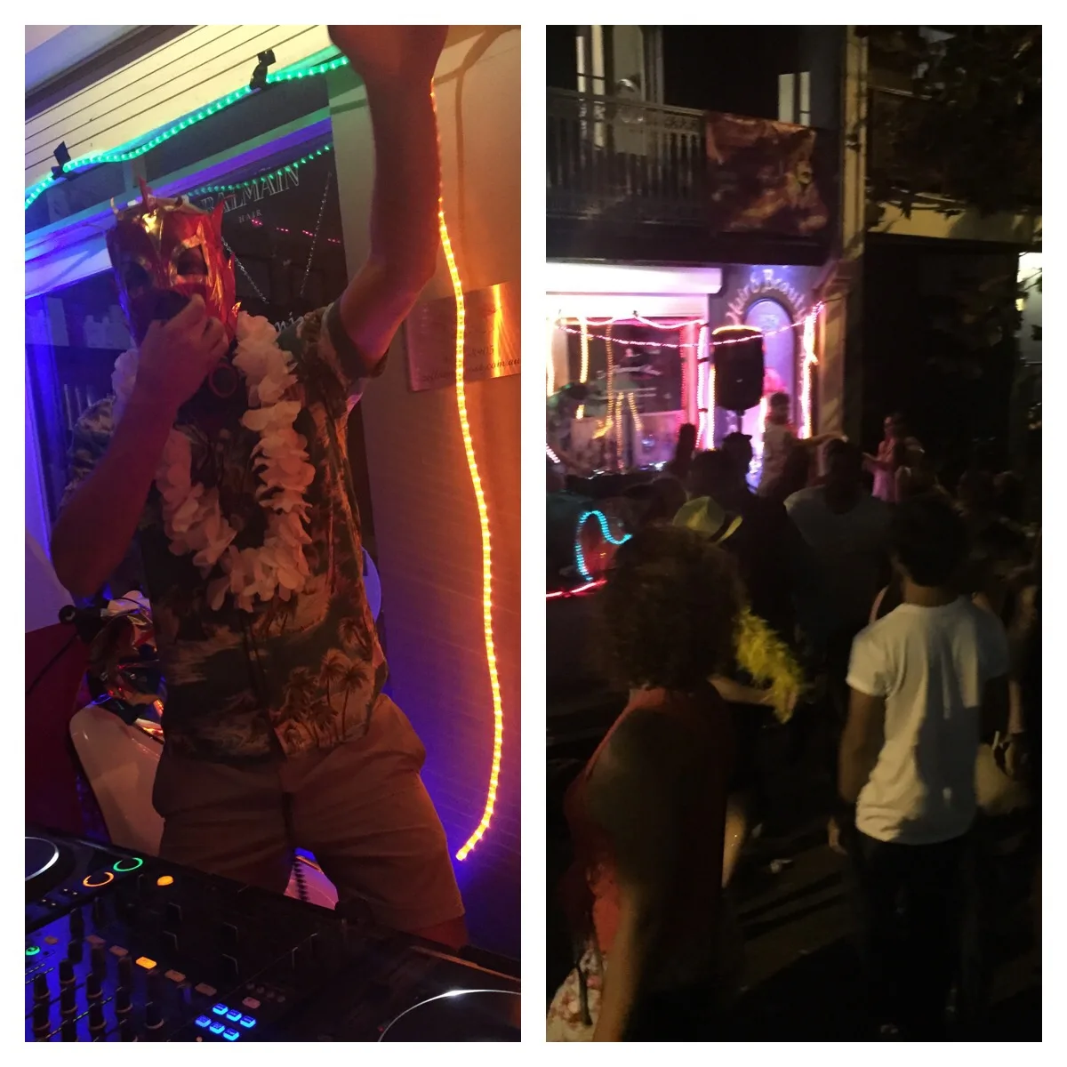Two shots side by side: a DJ in a flower lei with arms raised at the decks, and a crowd filling the laneway