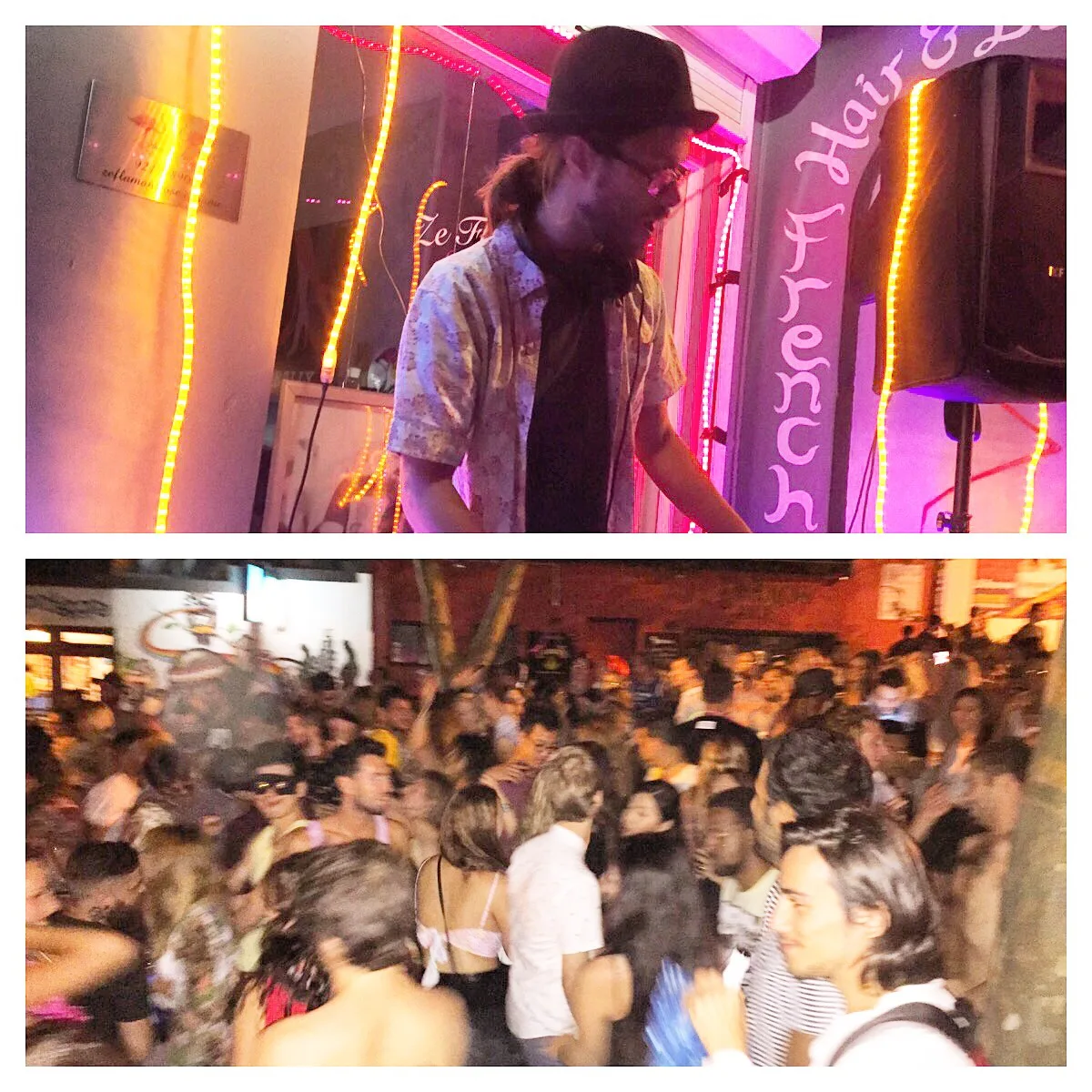A DJ in a hat playing beside a lit shopfront, above a wide shot of the crowd packing the street