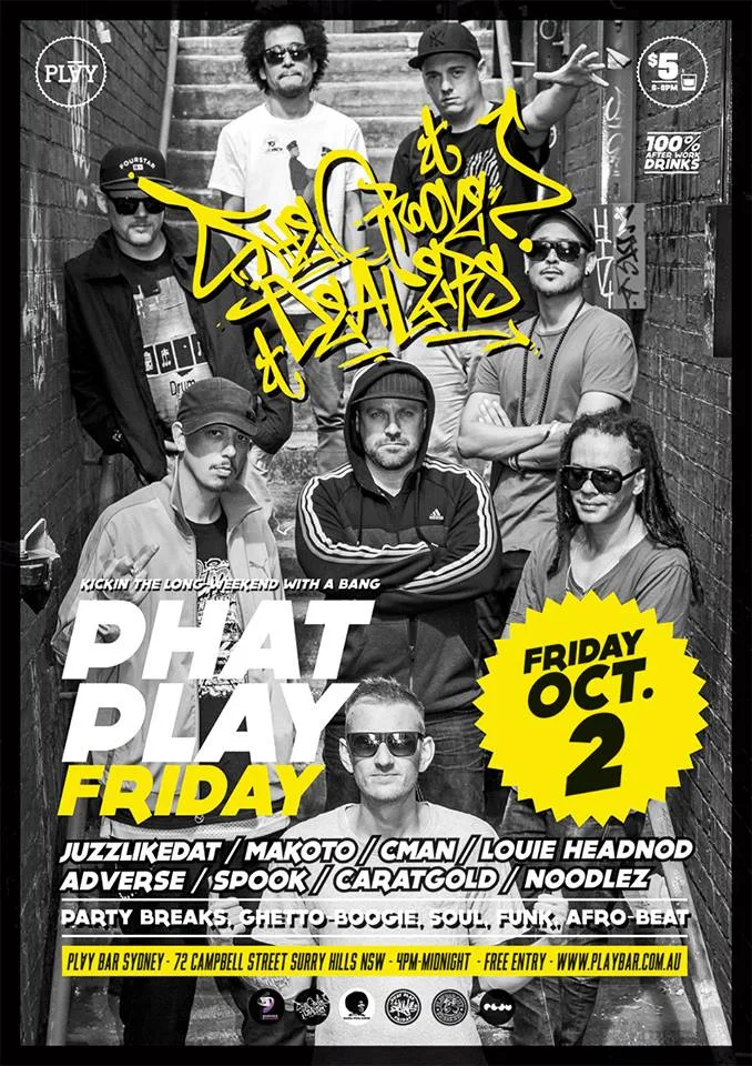 Phat Play Friday flyer for 2 October with Juzzlikedat, Makoto, C'man, Louie Headnod, Adverse, Spook, Caratgold and Noodlez
