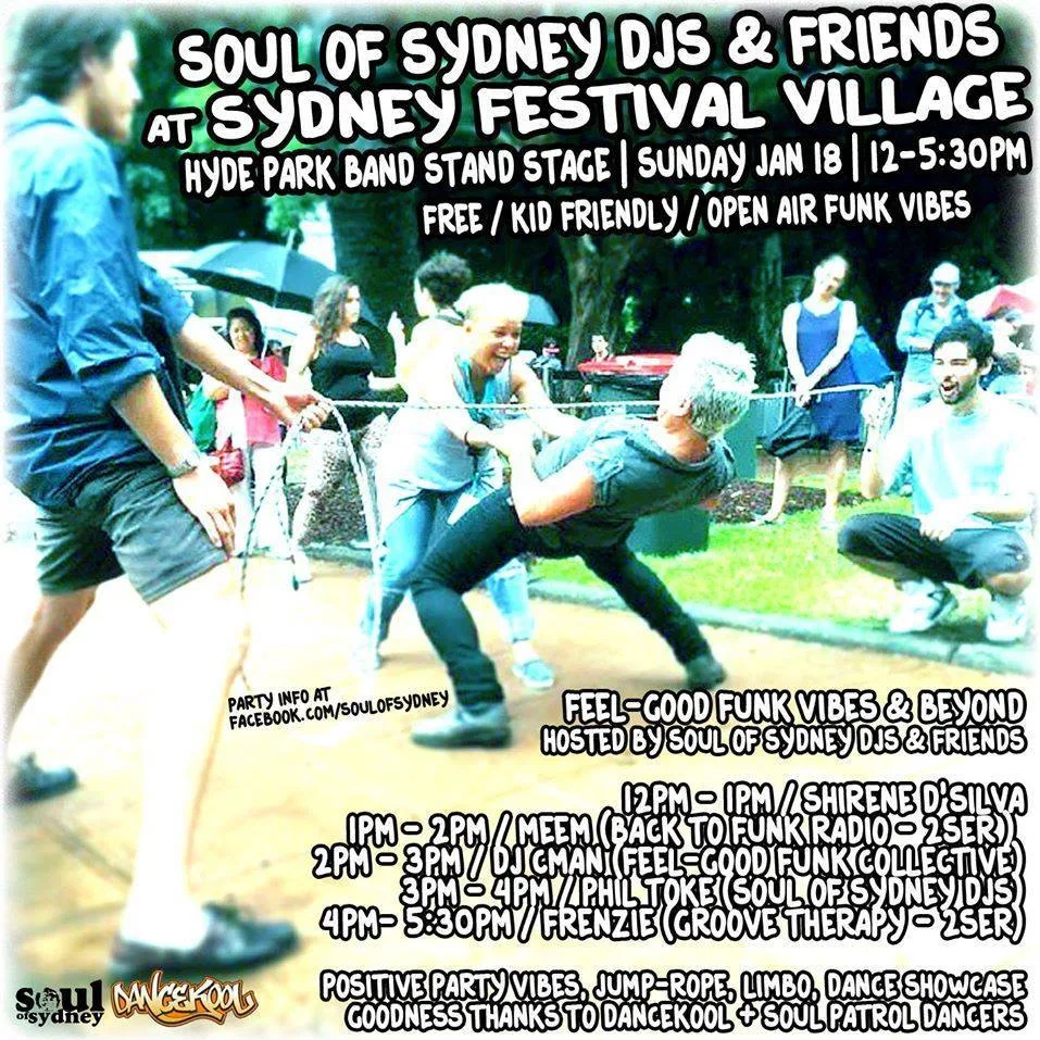 Soul of Sydney DJs and friends flyer for Sunday 18 January at the Sydney Festival Village band stand stage, Hyde Park