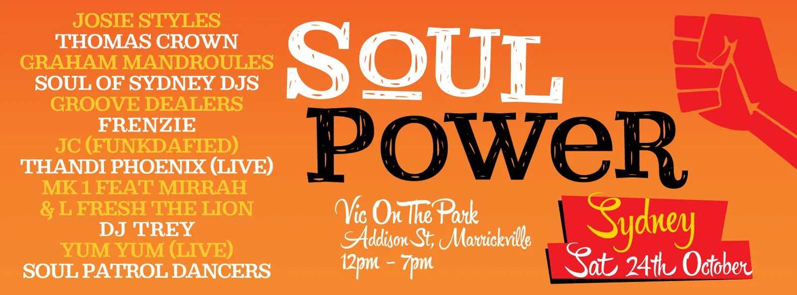 Soul Power flyer for Saturday 24 October in Sydney with Thomas Crown, Soul of Sydney DJs, Frenzie and Thandi Phoenix live