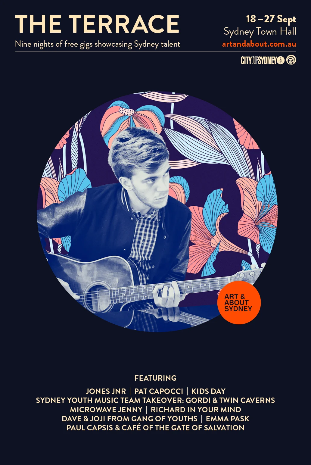 Poster for the Terrace at Sydney Town Hall, 18 to 27 September 2015, nine nights of free gigs for Art and About Sydney, with the full lineup from Jones Jnr through Emma Pask to Paul Capsis and Cafe of the Gate of Salvation.