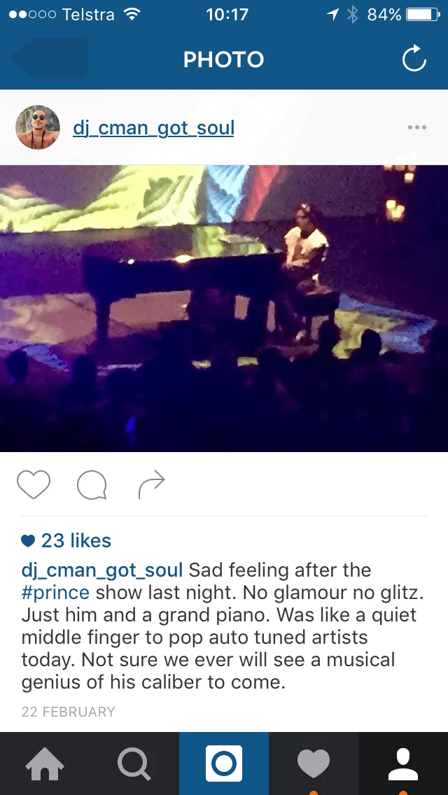 An Instagram post reflecting on seeing Prince play live