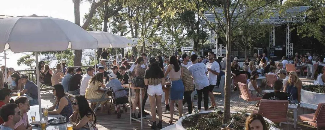 An afternoon crowd filling the beer garden at the Newport