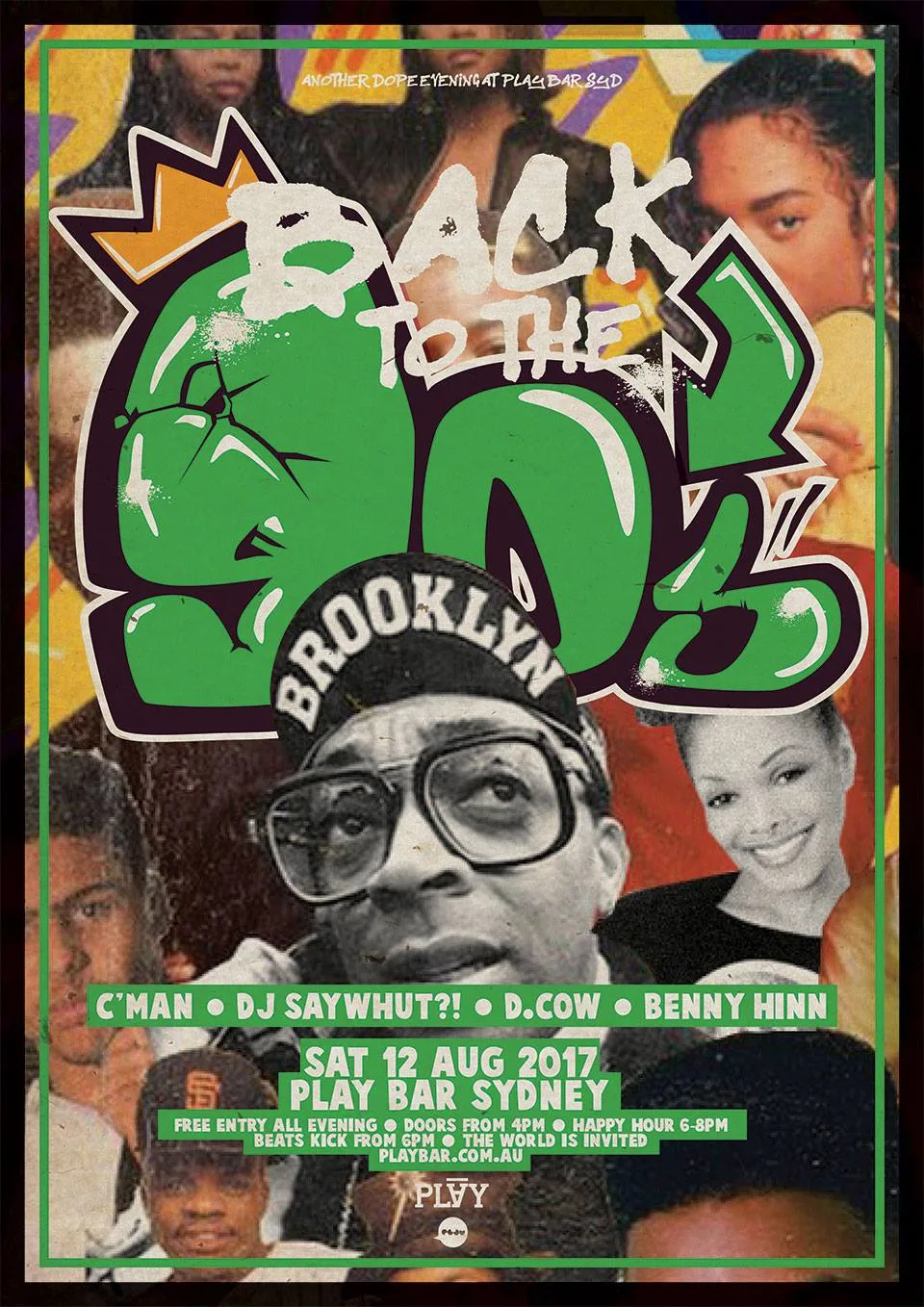 Back to the 90s flyer for Play Bar with C'Man, DJ Saywhut, D-Cow and Benny Hinn, new jack swing and 90s hip hop