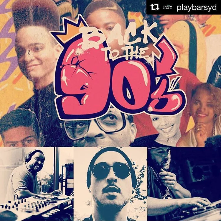 Back to the 90s collage flyer for Play Bar with CMAN, Adverse and Saywhut