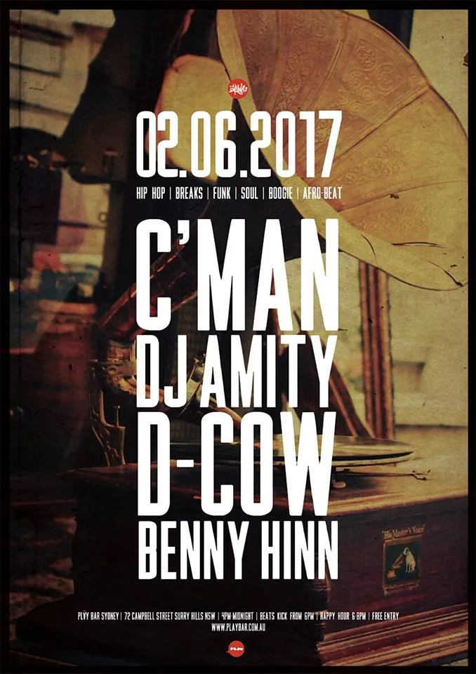 Flyer for 2 June 2017 at Play Bar with C'man, DJ Amity, D-Cow and Benny Hinn