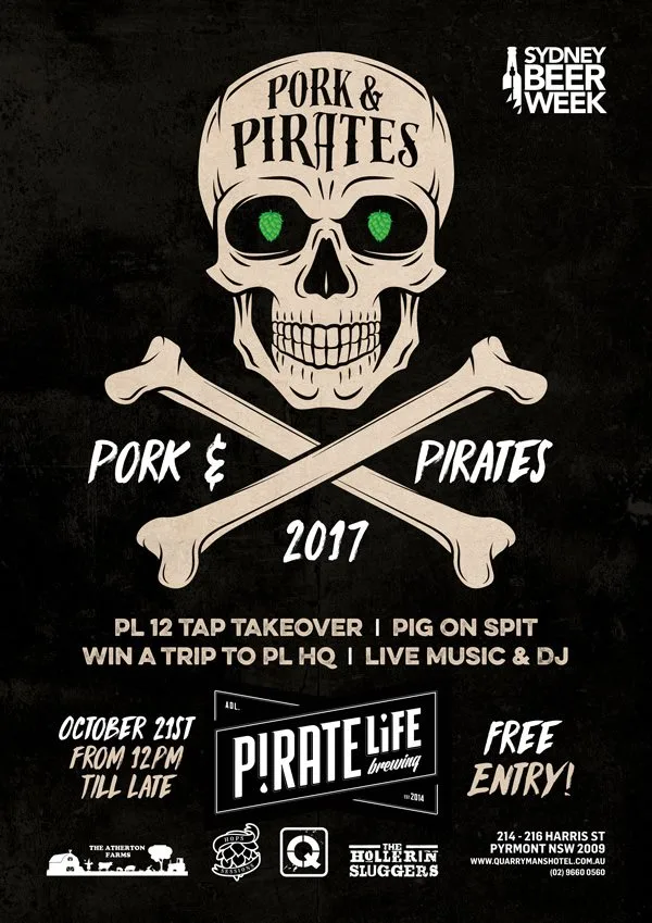 Pork and Pirates 2017 flyer for Sydney Beer Week with live music and a DJ