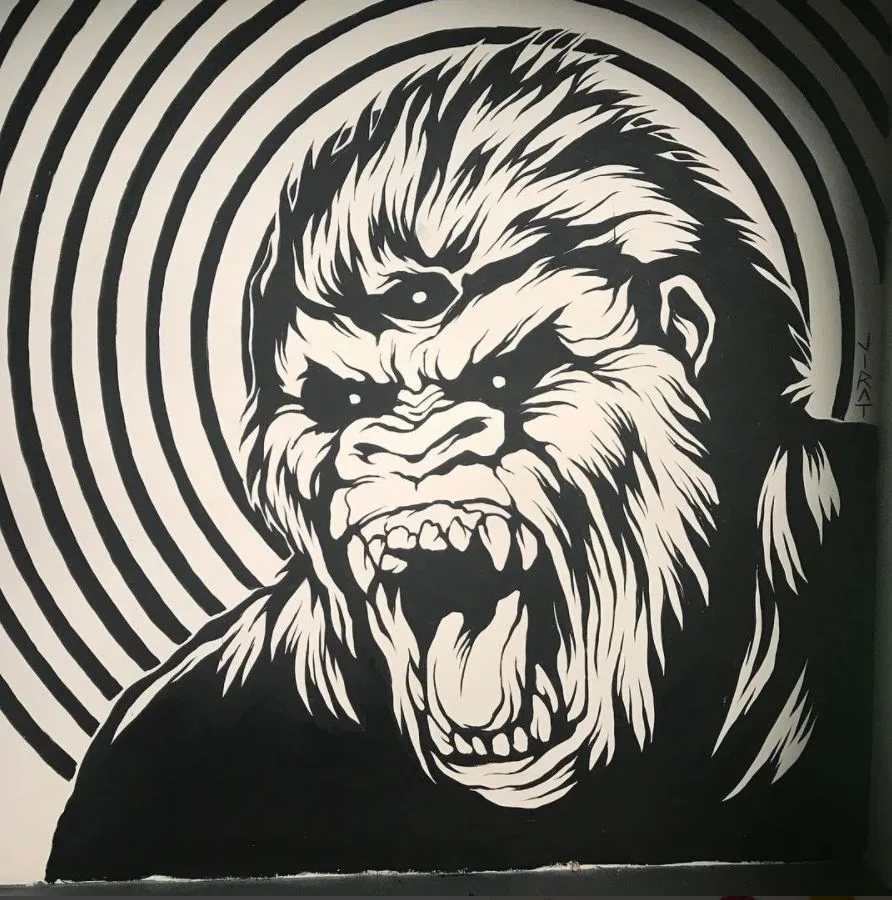 A large black and white gorilla mural painted for the live art event
