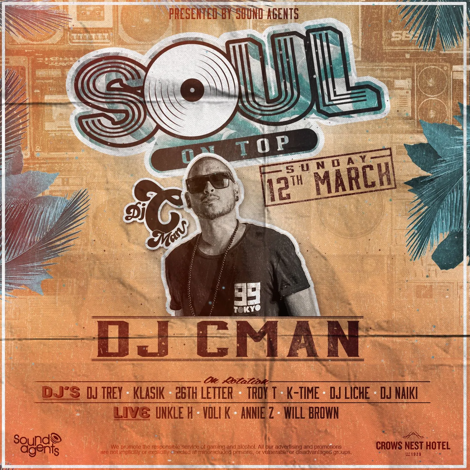 Soul on Top flyer for 12 March with DJ CMAN and the full DJ line-up