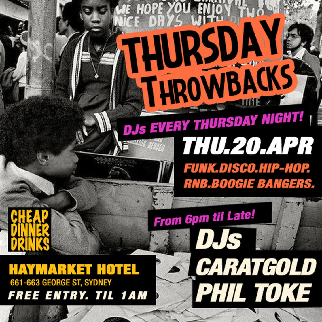 Thursday Throwbacks flyer at the Haymarket Hotel, Haymarket, Thursday 20 April 2017, DJs Caratgold and Phil Toke, a black-and-white photo of two kids digging through crates of records at a street stall.
