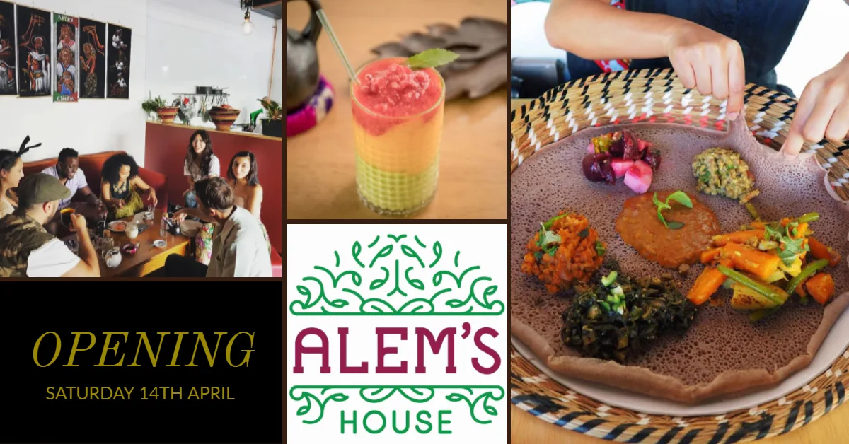 Alem's House opening flyer for Saturday 14 April, an Ethiopian cafe in Camperdown, with food and drinks