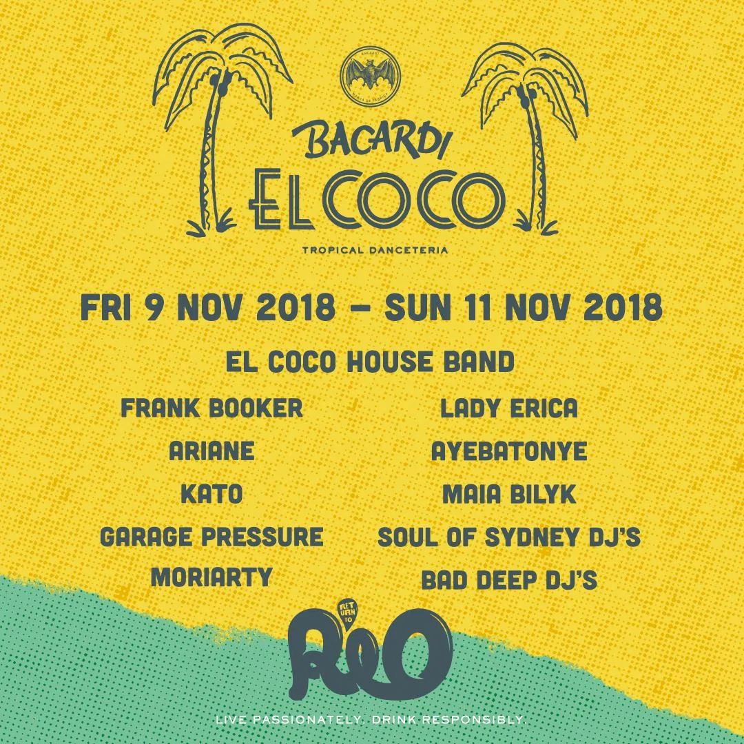 Bacardi El Coco flyer for Return to Rio, 9 to 11 November 2018, with the Soul of Sydney DJs on the bill